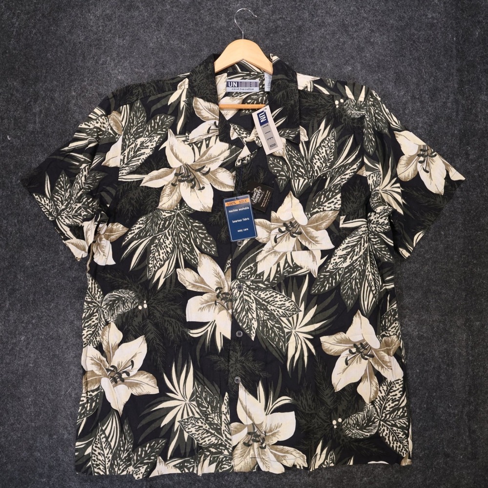 Untied Button Up Shirt Mens XL Black New Vintage Floral Silk Hawaiian Camp